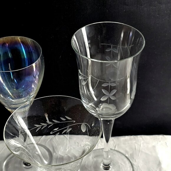 4 Mismatched Cordials Cocktail Glasses vtg mixed etched cut iridescent party - Picture 3 of 11